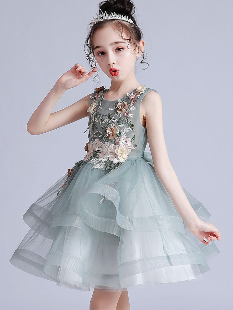 White Jewel Neck Short Sleeves Embroidered Kids Party Dresses-showprettydress