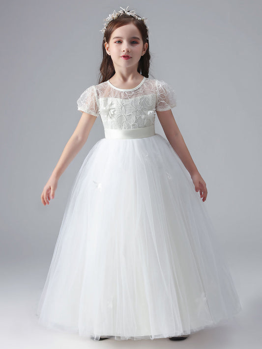 White Jewel Neck Short Sleeves Flowers Embellishment Tulle Lace Kids Social Party Dresses-showprettydress