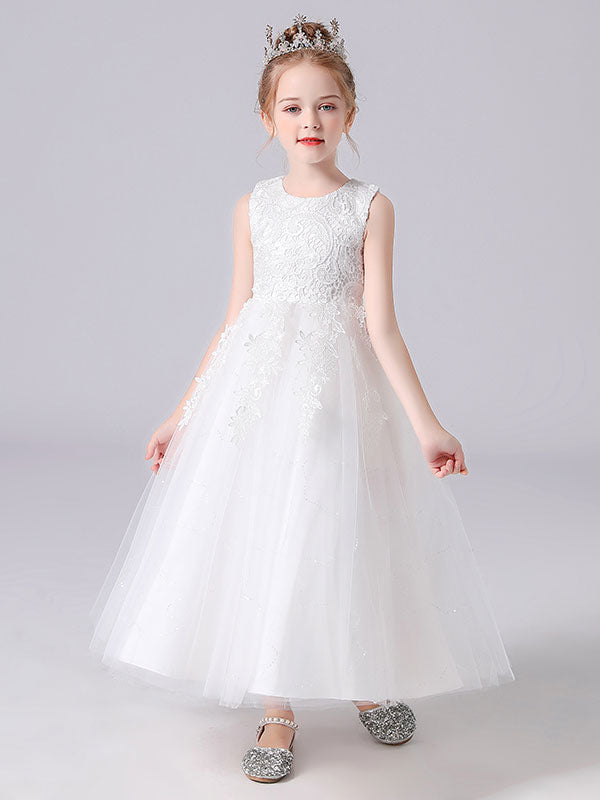 White Jewel Neck Sleeveless Bows Kids Party Dresses Princess Dress-showprettydress