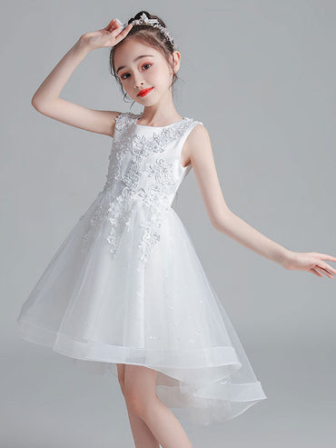 White Jewel Neck Sleeveless Bows Kids Party Dresses Short Princess Dress-showprettydress