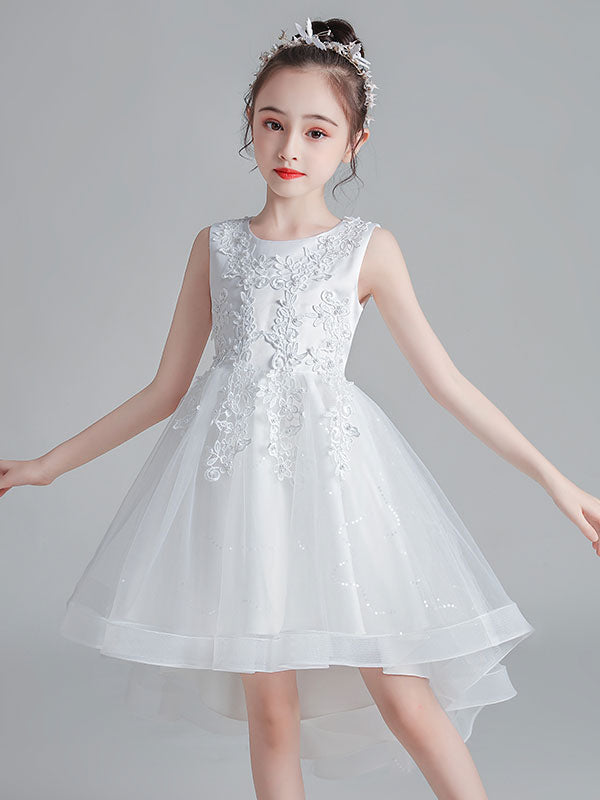 White Jewel Neck Sleeveless Bows Kids Party Dresses Short Princess Dress-showprettydress