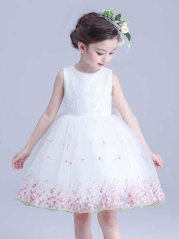 White Jewel Neck Sleeveless Bows Kids Social Party Dresses-showprettydress