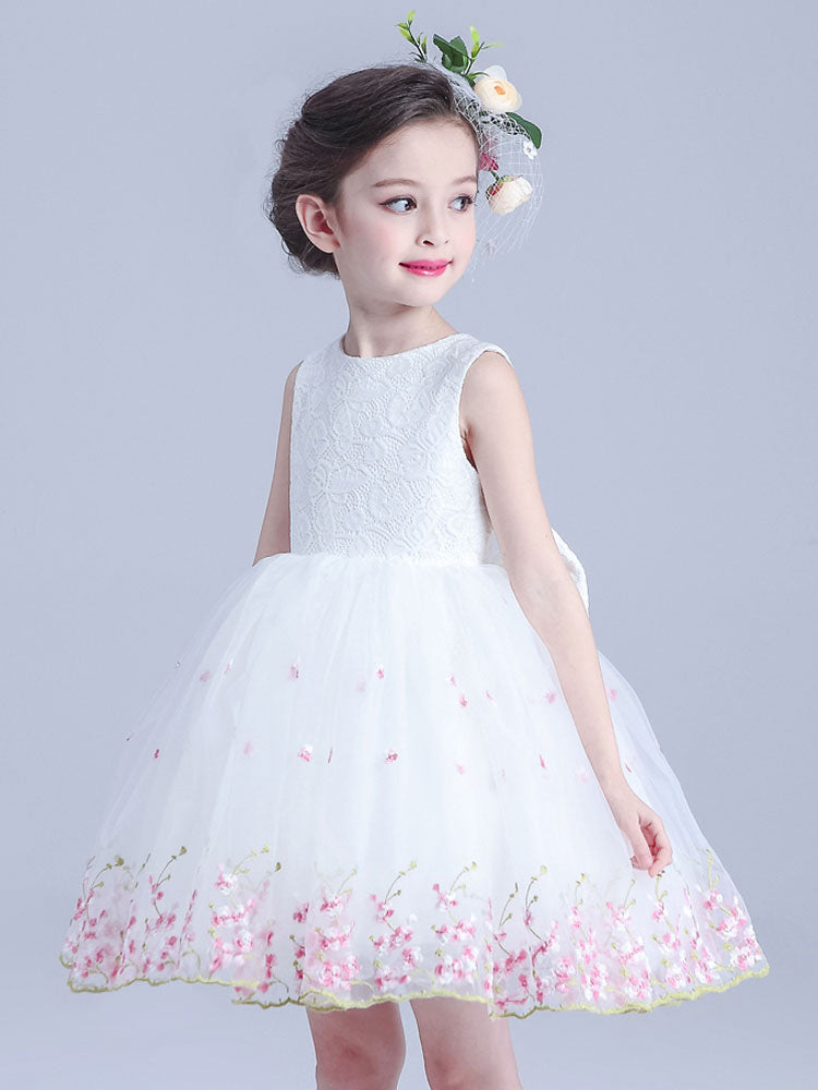 White Jewel Neck Sleeveless Bows Kids Social Party Dresses-showprettydress