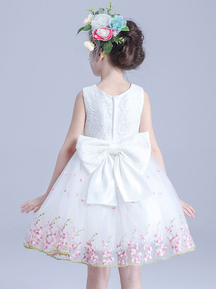 White Jewel Neck Sleeveless Bows Kids Social Party Dresses-showprettydress