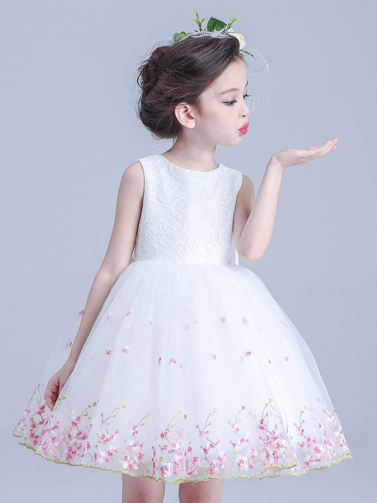 White Jewel Neck Sleeveless Bows Kids Social Party Dresses-showprettydress