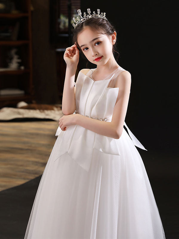 White Jewel Neck Sleeveless Floor-Length Tulle Princess Dress Pleated Kids Party Dresses-showprettydress