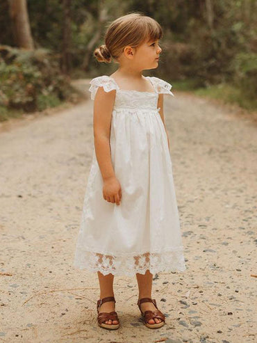 White Jewel Neck Sleeveless Lace Kids Social Party Dresses-showprettydress