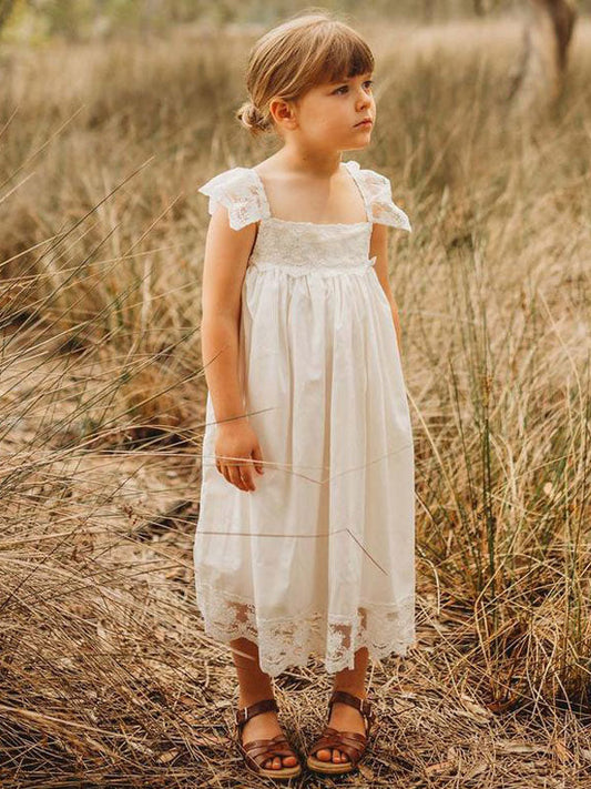 White Jewel Neck Sleeveless Lace Kids Social Party Dresses-showprettydress