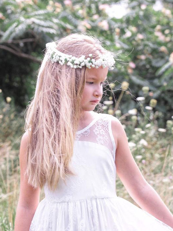 White Jewel Neck Sleeveless Sash Lace Formal Kids Pageant flower girl dresses-showprettydress