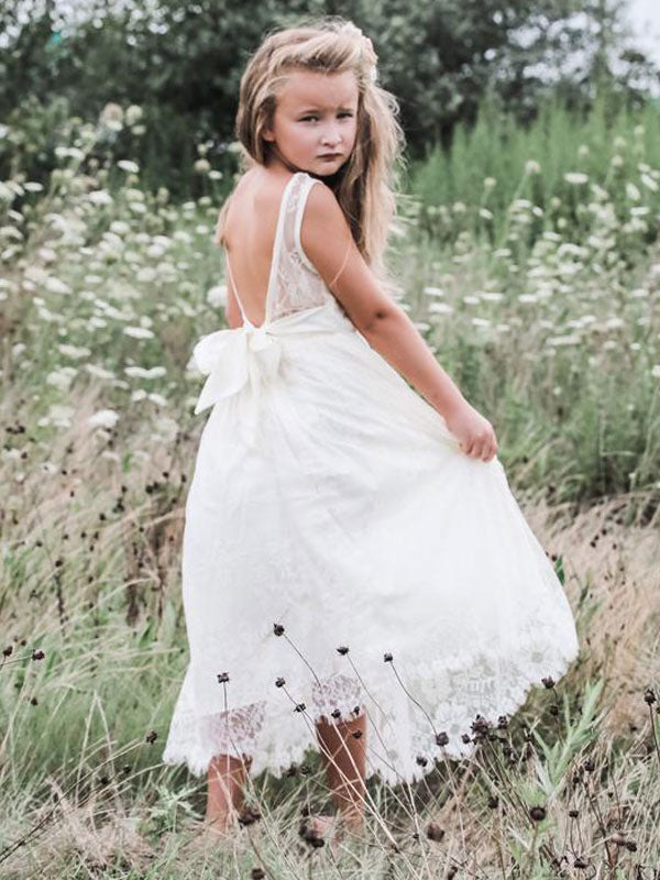 White Jewel Neck Sleeveless Sash Lace Formal Kids Pageant flower girl dresses-showprettydress