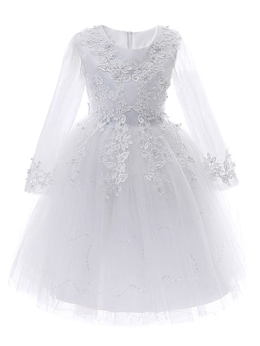 White Jewel Neck Sleeves Tulle Polyester Cotton Lace Embroidered Kids Party Dresses-showprettydress