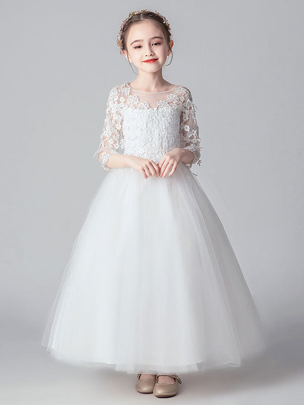 White Jewel Neck Tulle Ankle-Length Princess Dress Cut Out Formal flower girl dresses-showprettydress