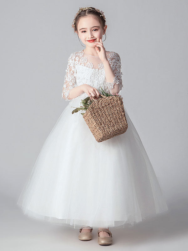 White Jewel Neck Tulle Ankle-Length Princess Dress Cut Out Formal flower girl dresses-showprettydress