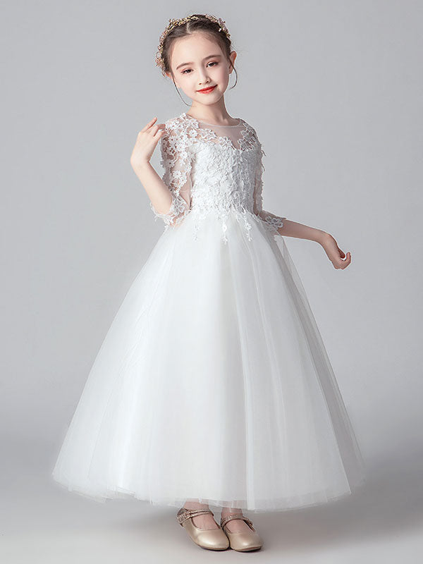 White Jewel Neck Tulle Ankle-Length Princess Dress Cut Out Formal flower girl dresses-showprettydress