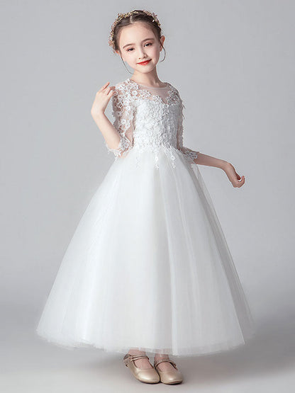 White Jewel Neck Tulle Ankle-Length Princess Dress Cut Out Formal flower girl dresses-showprettydress