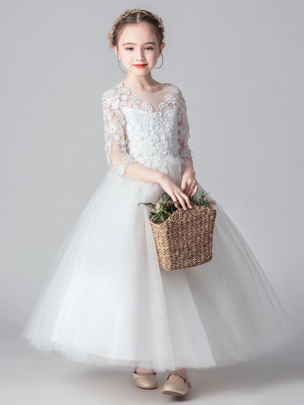 White Jewel Neck Tulle Ankle-Length Princess Dress Cut Out Formal flower girl dresses-showprettydress