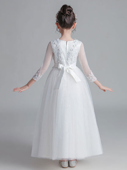 White Jewel Neck Tulle Polyester Lace Embroidered Formal Kids Pageant flower girl dresses-showprettydress