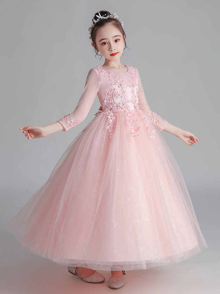 White Jewel Neck Tulle Polyester Lace Embroidered Formal Kids Pageant flower girl dresses-showprettydress