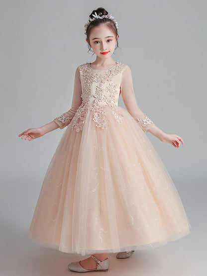 White Jewel Neck Tulle Polyester Lace Embroidered Formal Kids Pageant flower girl dresses-showprettydress