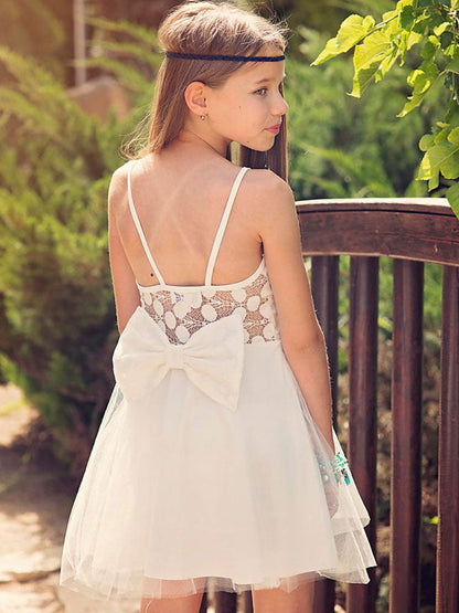 White Jewel Neck Tulle Sleeveless Short A-Line Bows Kids Party Dresses-showprettydress