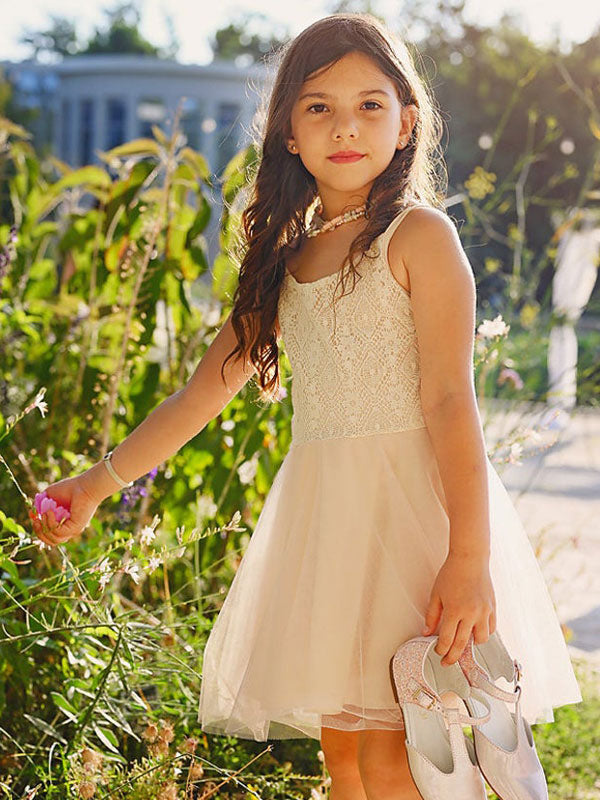 White Jewel Neck Tulle Sleeveless Short A-Line Bows Kids Party Dresses-showprettydress