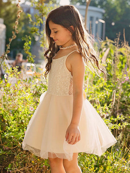 White Jewel Neck Tulle Sleeveless Short A-Line Bows Kids Party Dresses-showprettydress