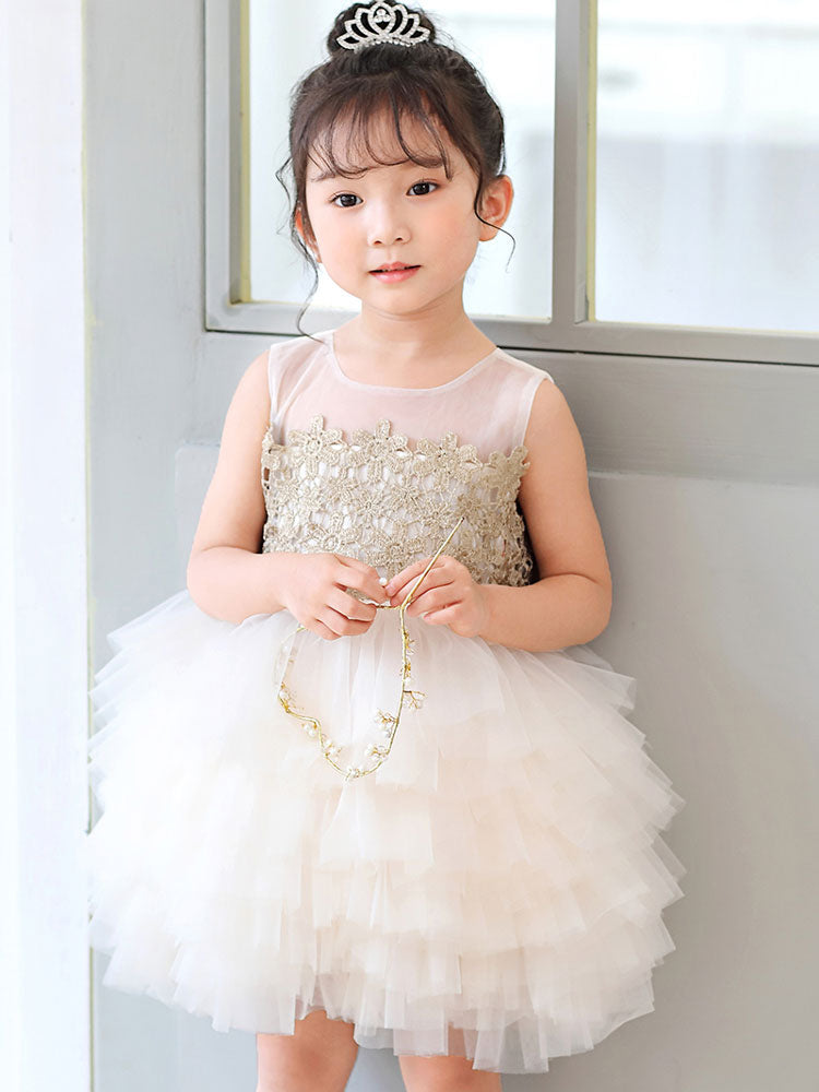 White Jewel Neck Tulle Sleeveless Short Princess Kids Social Party Dresses-showprettydress