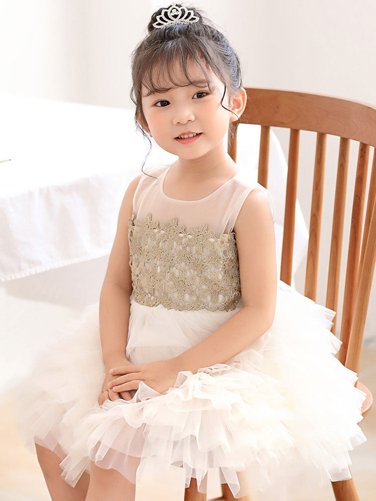 White Jewel Neck Tulle Sleeveless Short Princess Kids Social Party Dresses-showprettydress