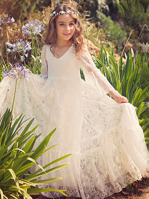 White Lace Flare Sleeve Sash A-line V Neck Ankle Length Boho flower girl dress-showprettydress