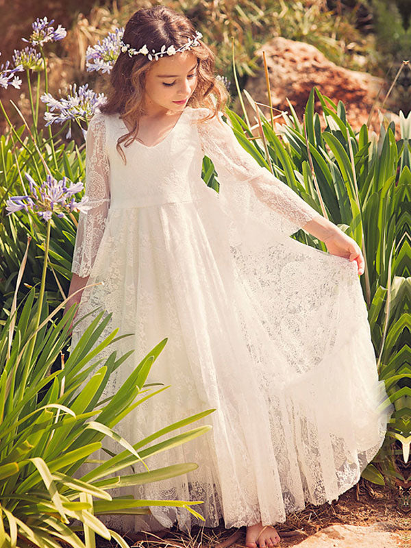 White Lace Flare Sleeve Sash A-line V Neck Ankle Length Boho flower girl dress-showprettydress