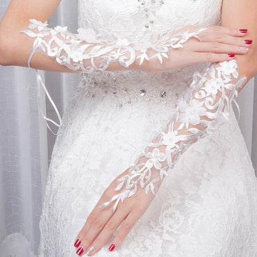 White Lace Sequins Beads Lace Wedding Glove - wedding gloves