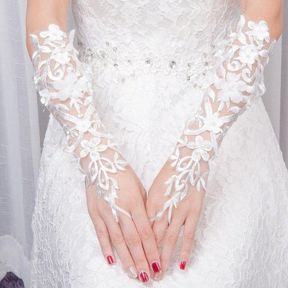 White Lace Sequins Beads Lace Wedding Glove - wedding gloves