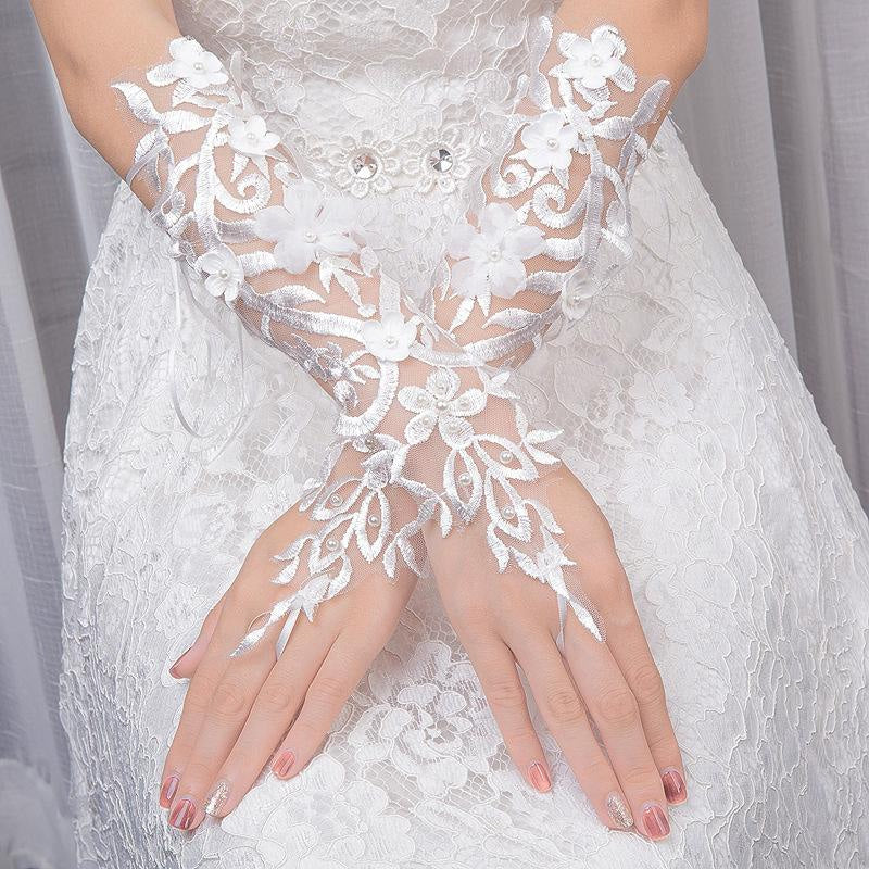 White Lace Sequins Beads Lace Wedding Glove - wedding gloves