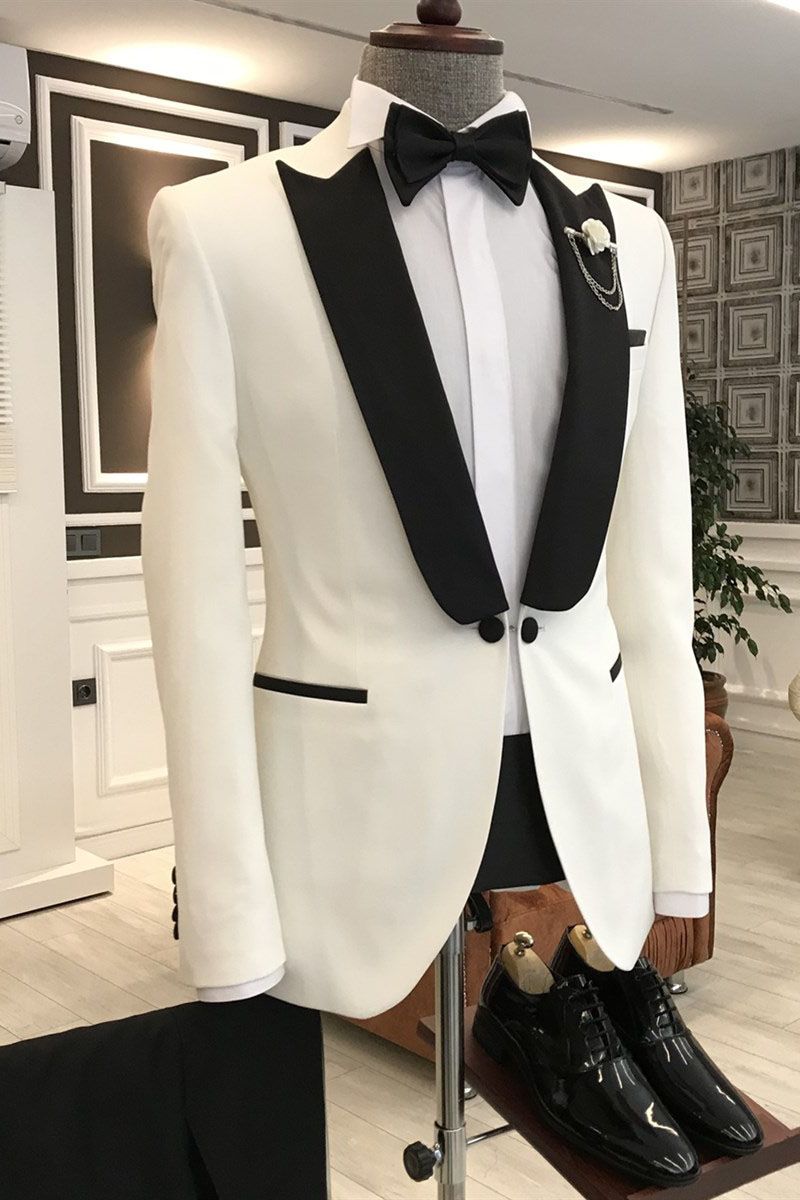 White Mixed Black Peaked Lapel One Button Slim Fit Prom Men Suit-showprettydress