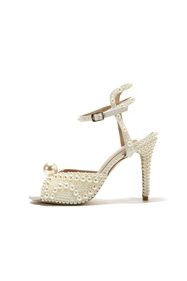 White Pearl Wedding Sandals Vintage Peep Toe Ankle Strap Stiletto Bridal Heels