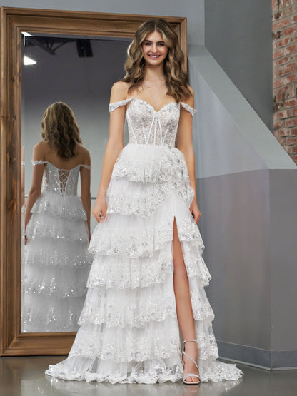 Roycebridal White Princess A Line Off the Shoulder White Corset Prom Dress with Lace Ruffles