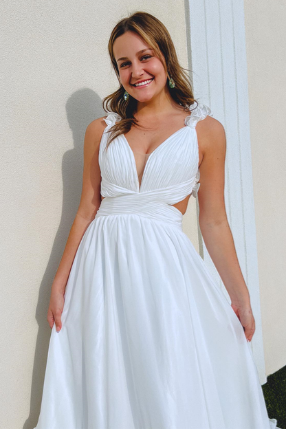 Roycebridal White Ruffle Straps Pleated Cut-Out Deep V Long Prom Dress