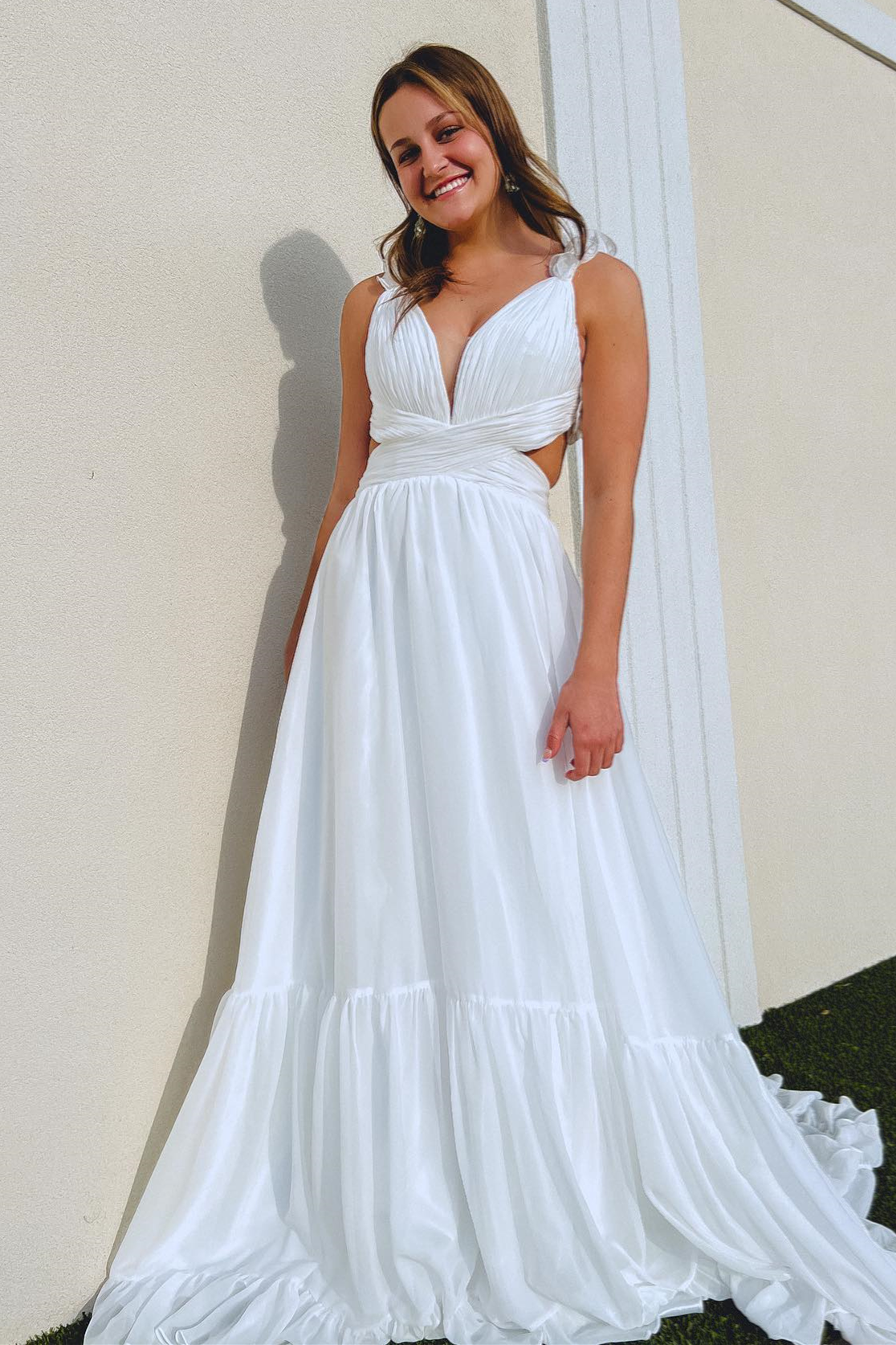 Roycebridal White Ruffle Straps Pleated Cut-Out Deep V Long Prom Dress