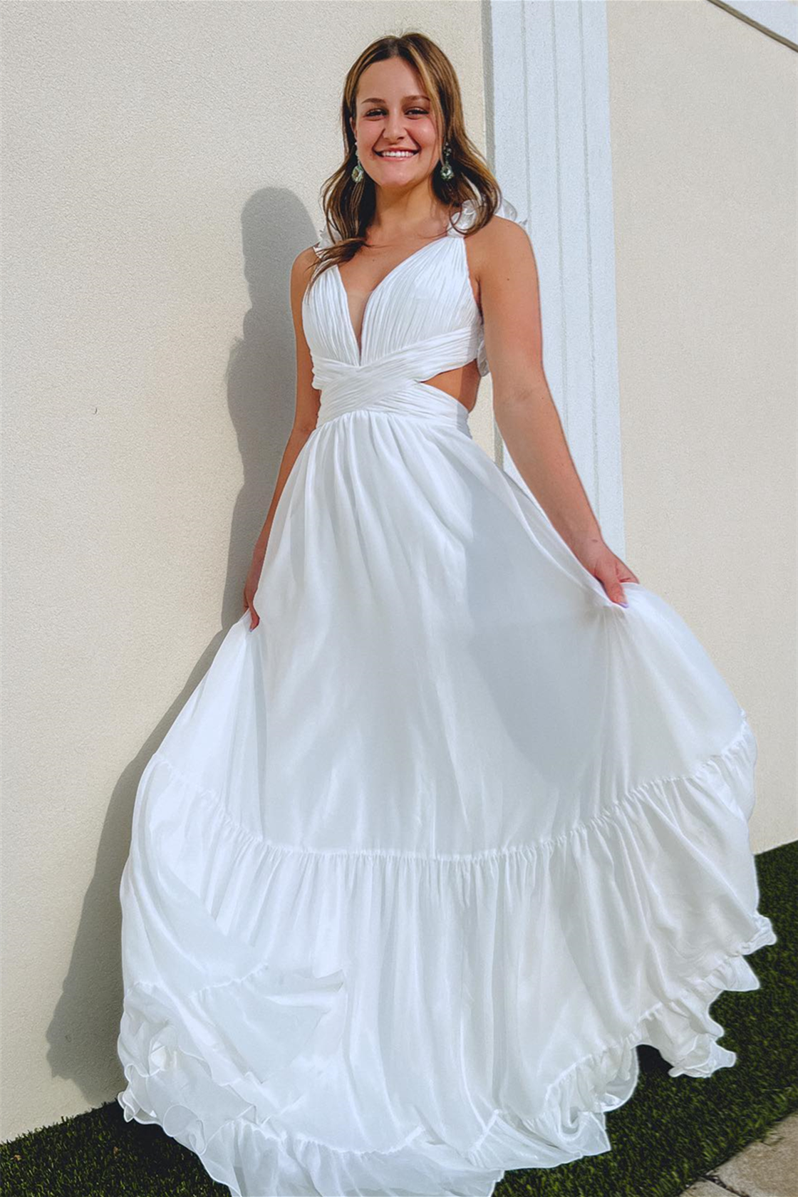 Roycebridal White Ruffle Straps Pleated Cut-Out Deep V Long Prom Dress