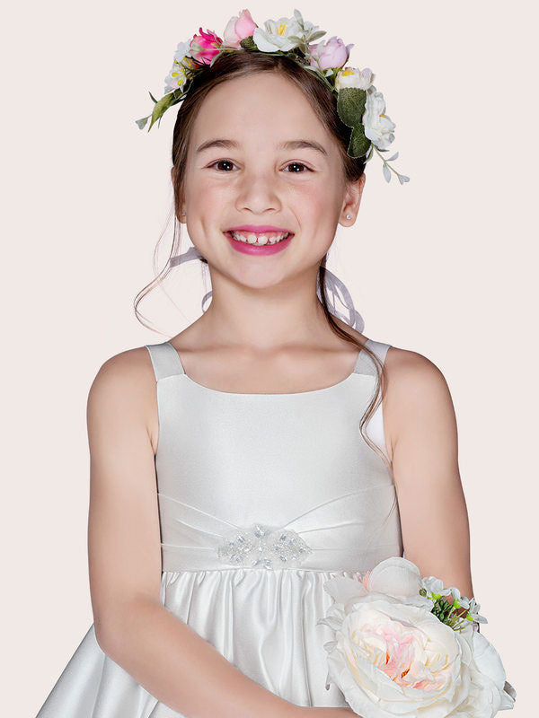 White Satin Fabric Jewel Neck Sleeveless Beaded Formal Kids Pageant flower girl dresses-showprettydress