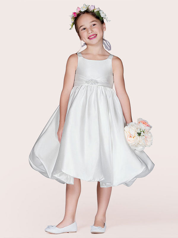 White Satin Fabric Jewel Neck Sleeveless Beaded Formal Kids Pageant flower girl dresses-showprettydress