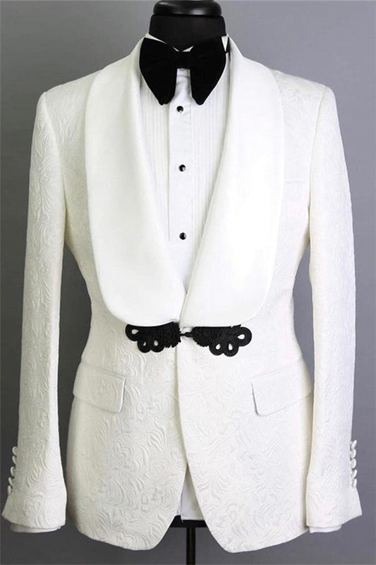 White Shawl Lapel Jacquard Groom Suits Elegant Slim Fit Tuxedos for Wedding 2 Pieces-showprettydress