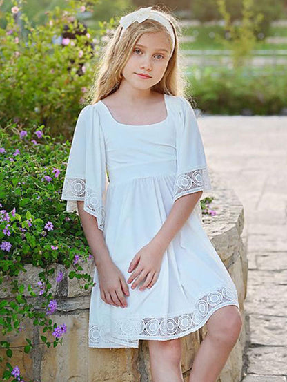 White Square Neck Polyester Short Sleeves Short A-Line Kids Social Party Dresses-showprettydress