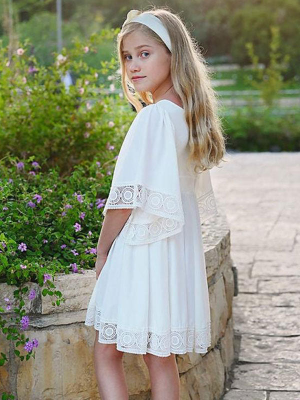 White Square Neck Polyester Short Sleeves Short A-Line Kids Social Party Dresses-showprettydress