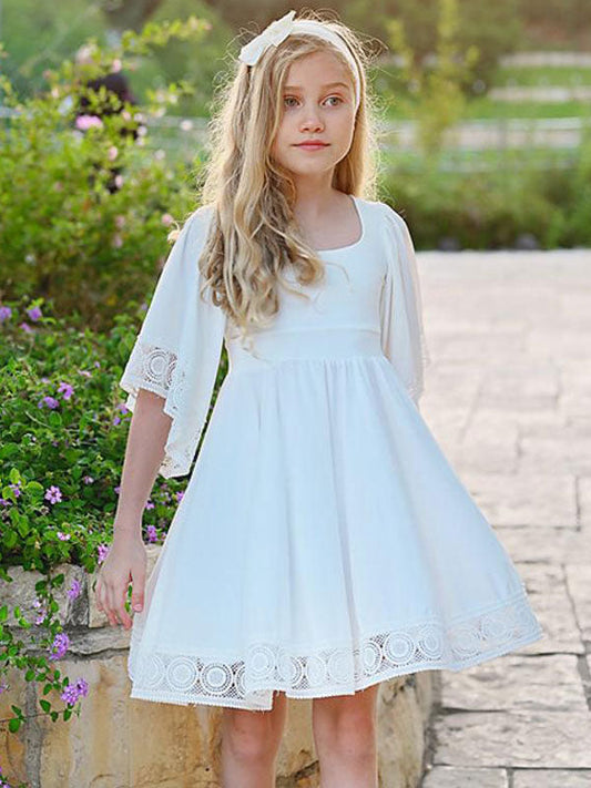 White Square Neck Polyester Short Sleeves Short A-Line Kids Social Party Dresses-showprettydress