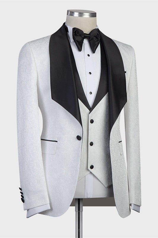 White Three-pieces Jacaquard Wedding Groom Suits with Black Shawl Lapel-showprettydress