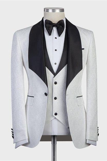 White Three-pieces Jacaquard Wedding Groom Suits with Black Shawl Lapel-showprettydress