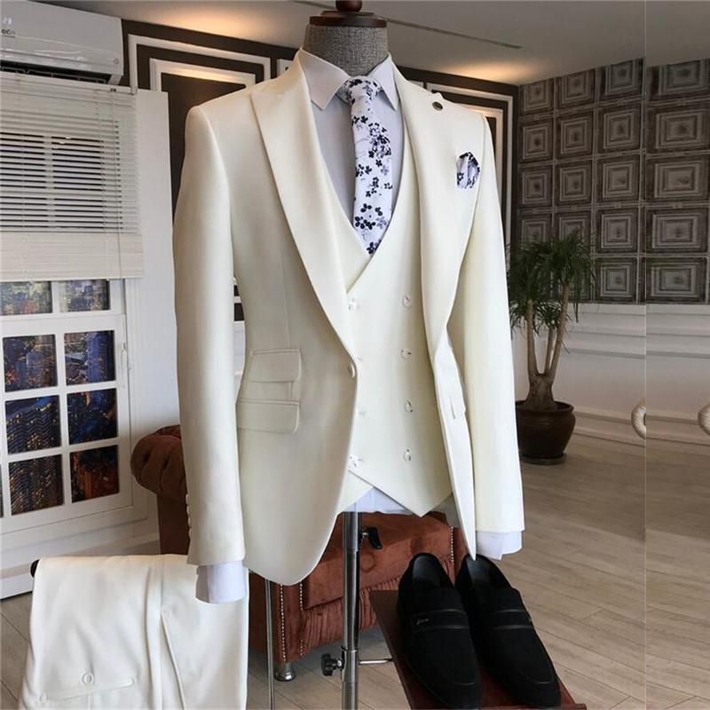 White Three Pieces Peaked Lapel Bespoke Men Suits for Wedding-showprettydress