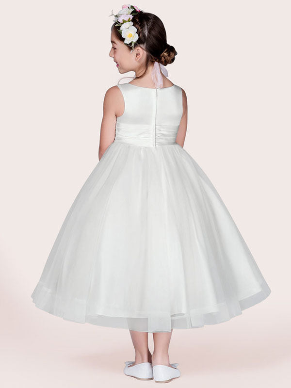 White Tulle Jewel Neck Sleeveless Formal Kids Pageant flower girl dresses-showprettydress