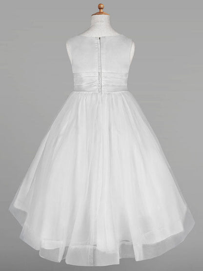 White Tulle Jewel Neck Sleeveless Formal Kids Pageant flower girl dresses-showprettydress